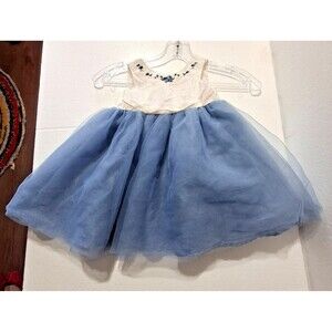 Janie & Jack Girls Dress 12-18 Mos Ivory Blue Embroidered Ruffle Tulle Flare Hem